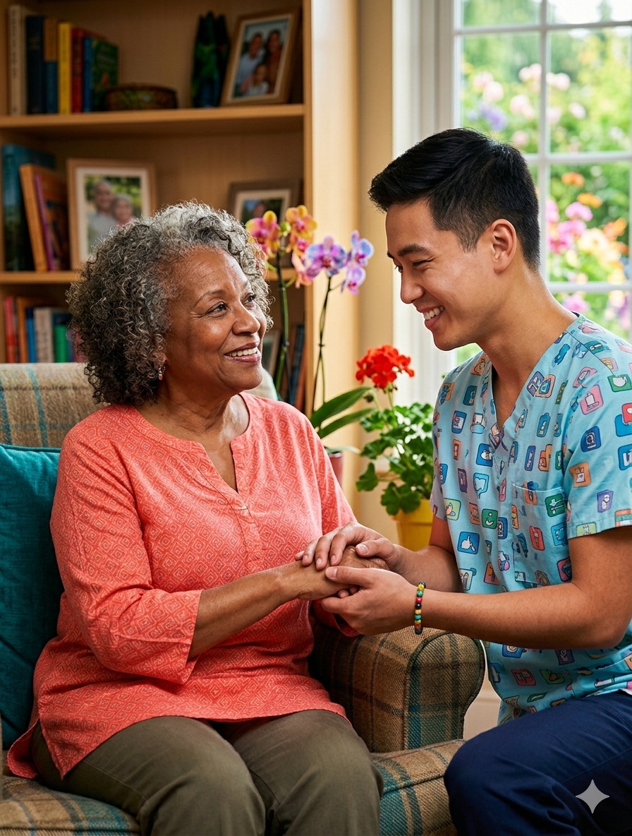 Compassionate caregiver holding hands with a senior woman in her home